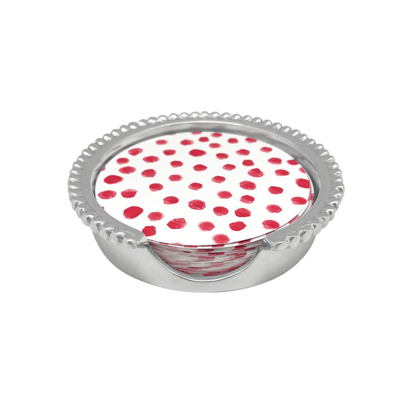 Red Polka Dot Round Paper Coaster Set with Holder