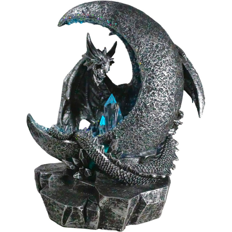 Figurine gothique en forme de dragon gardant un croissant de lune avec fausses géodes à DEL