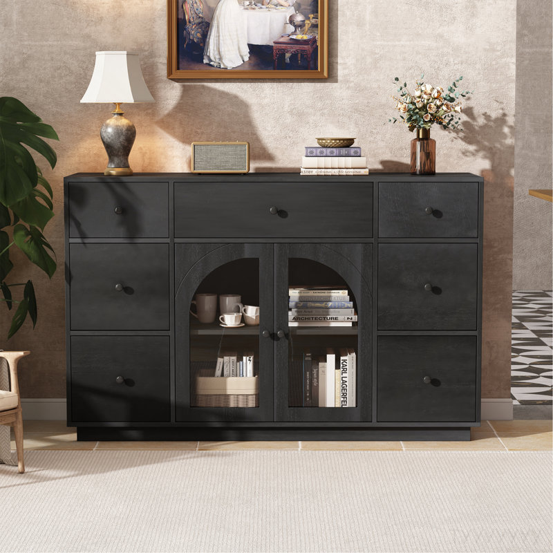 Cabinet With Storage For Living And Dining Room Entrance, Large Size, 2 Doors And 7 Drawers, Black, Black