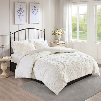 3 Piece King/ King Duvet Cover , Cotton Chenille , White, , 2 Shams, Button Closure, Corner Ties, Machine Washable, Classic Design Bedding Pieces, , Calming