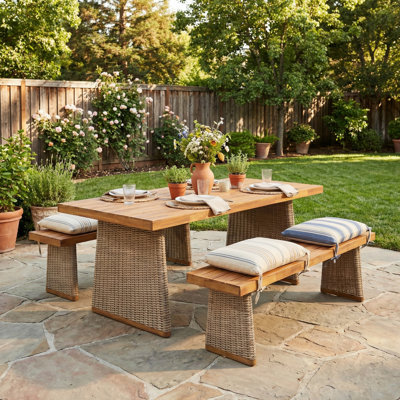 Ensemble de table de salle à manger 3 pièces toutes saisons avec pieds en rotin tissé à la main, plateau en bois d'acacia et cadre de patio en acier pour l'extérieur et l'intérieur