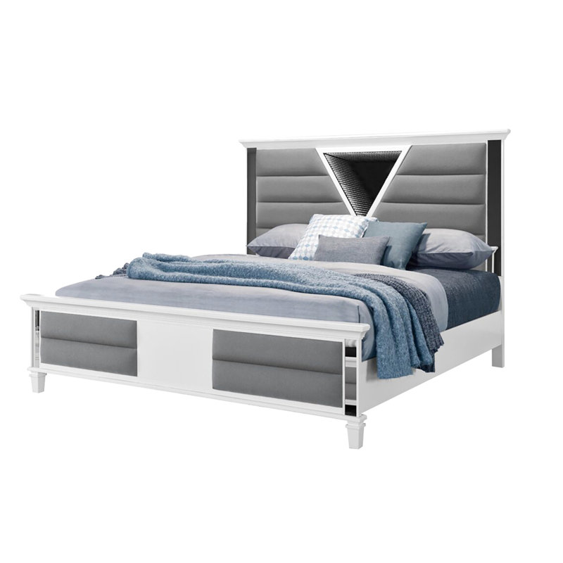 Grand lit lumineux à DEL blanc, ornements en miroir, décoration de chambre à coucher contemporaine, ajout de bois amélioré, fabrication