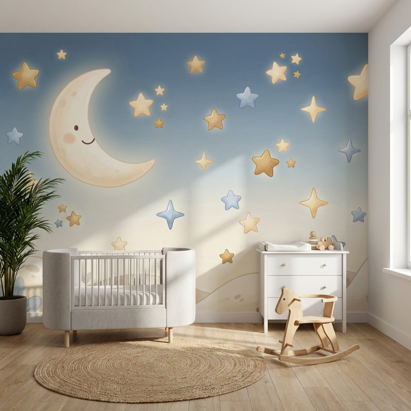 Papier peint lune avec étoiles, 100 po x 96 po, Peler et coller