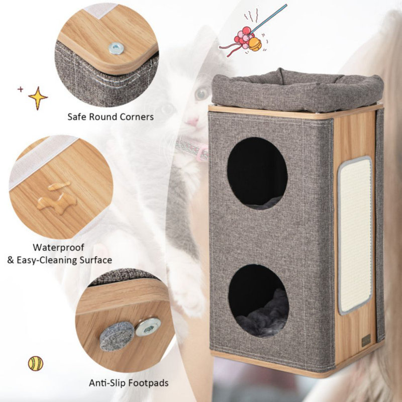 Gray 3-Story Cat House with Sisal Scratching Board