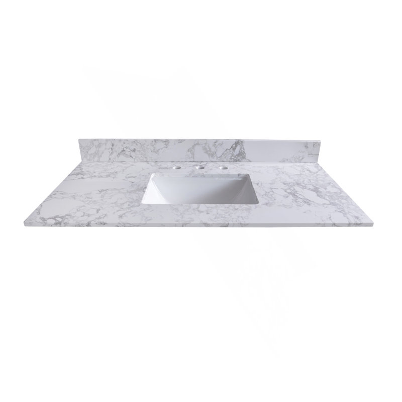 Dessus de meuble-lavabo en pierre de 49 po x 22 po Montary avec pierre de couleur blanc de Carrare avec lavabo rectangulaire encastré en céramique et 3 trous de robinet avec dosseret.