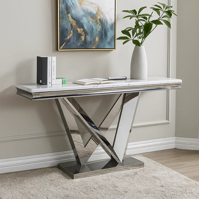 Console de canapé Vily, faux marbre biseauté, base en V en acier chromé