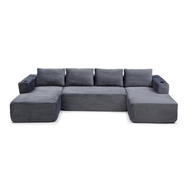 Grand canapé modulaire en forme de U sans dossier de 132 po avec méridienne, siège modulaire en forme de U avec siège profond, canapé confortable avec pochettes et poche latérale, gris, sans assemblage requis - gris