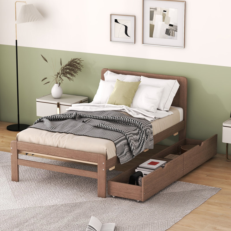 Structure de lit plateforme moderne avec 2 tiroirs, Noyer