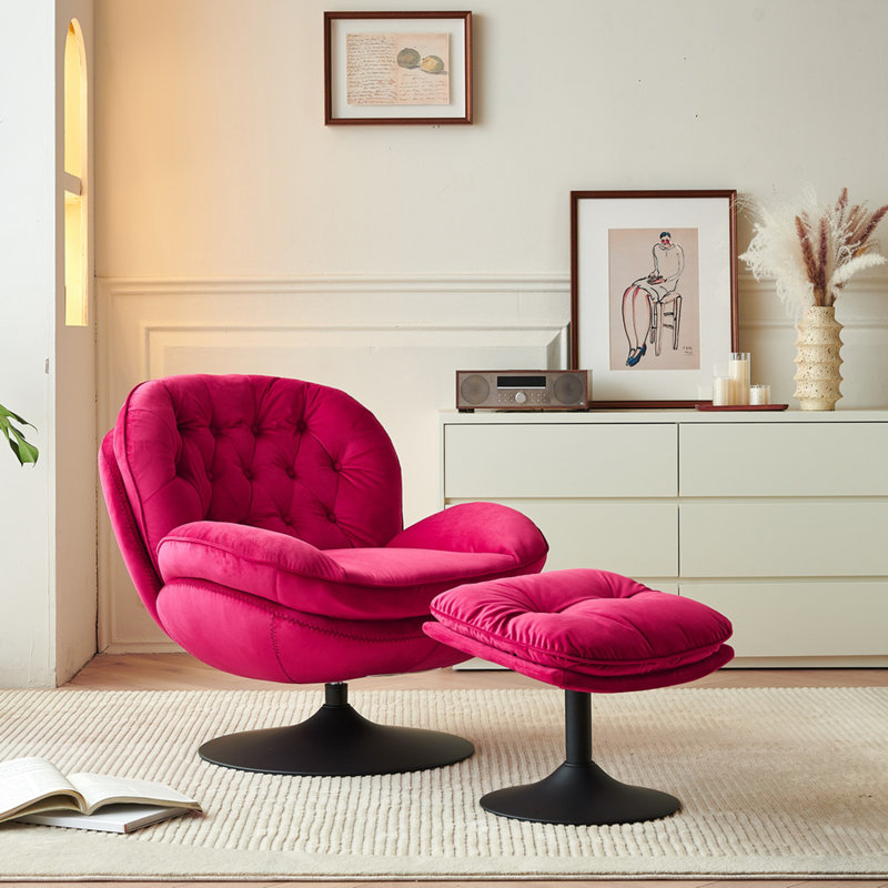 Zenon Velvet Swivel Accent Chair with Ottoman, Fuchsia Velvet