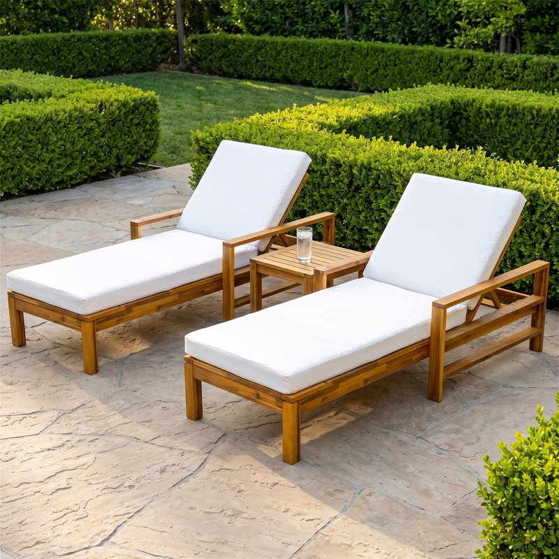 Ensemble de chaises longues réglables en bois d'acacia 2 pièces, capacité 529 lb, inclinaison à 3 positions, coussins à haute densité de 3,2 po d'épaisseur