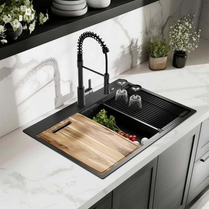 32 Inch Gunmetal Black Drop-In Workstation Sink