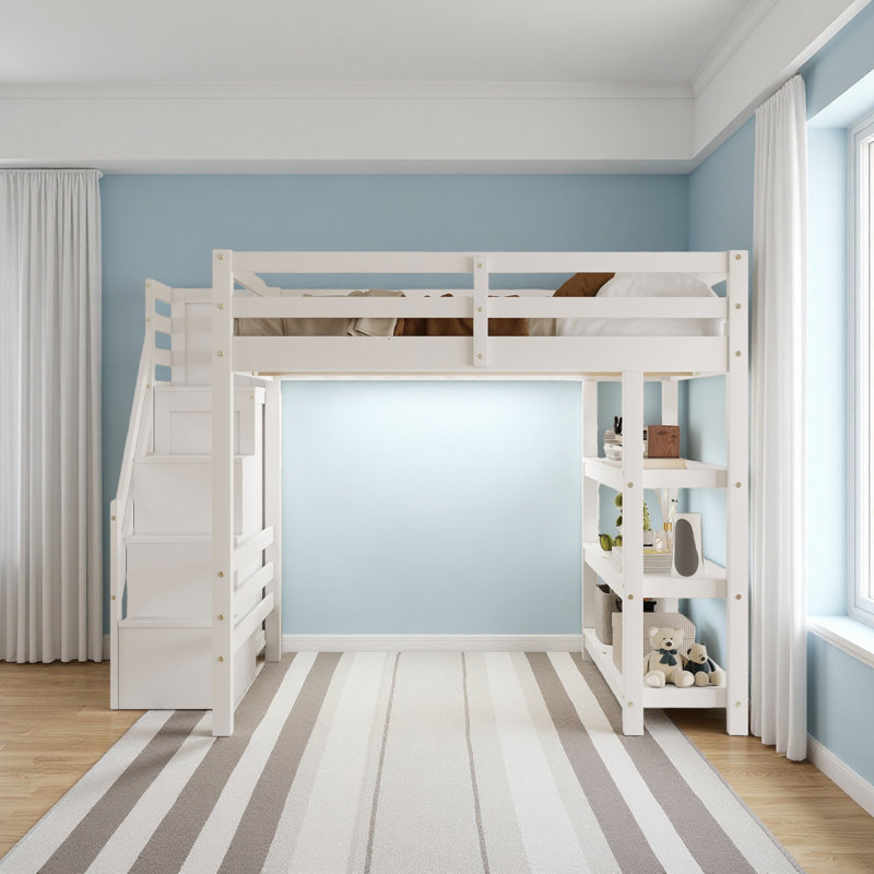 Lit mezzanine avec tablettes, escalier de rangement, petite armoire et lumière DEL blanche, Lit double