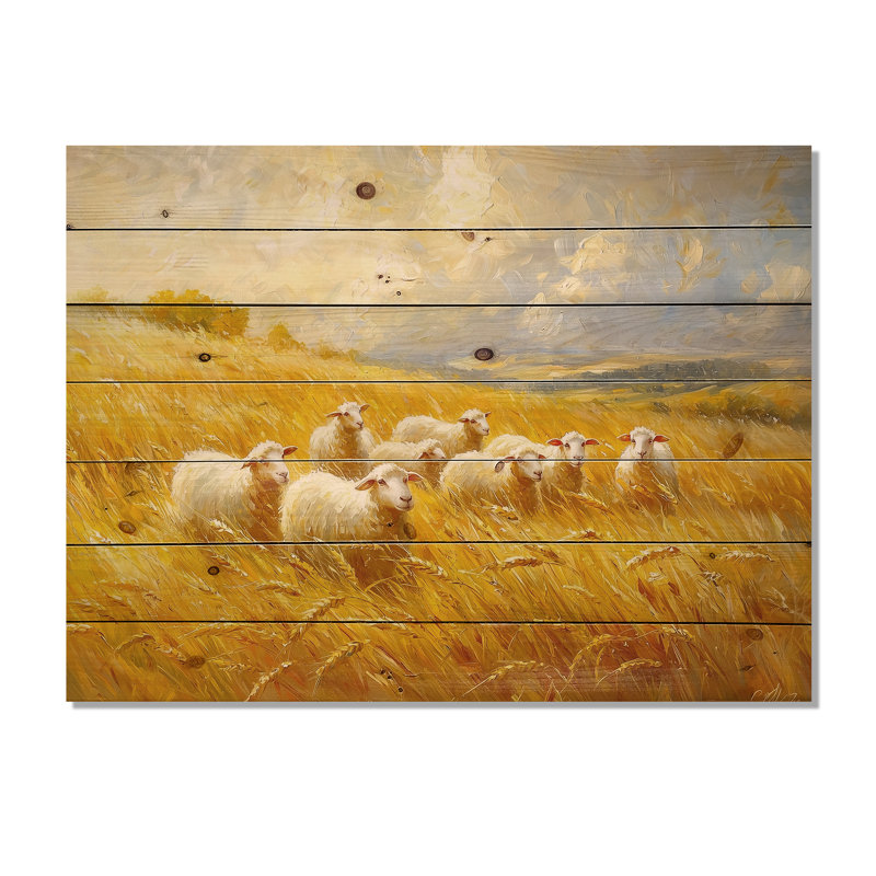 Golden Fields Of Sheep I - Impression sur bois de mouton - sur bois de pin naturel, H 30 po x l 40 po x P 0,78 po