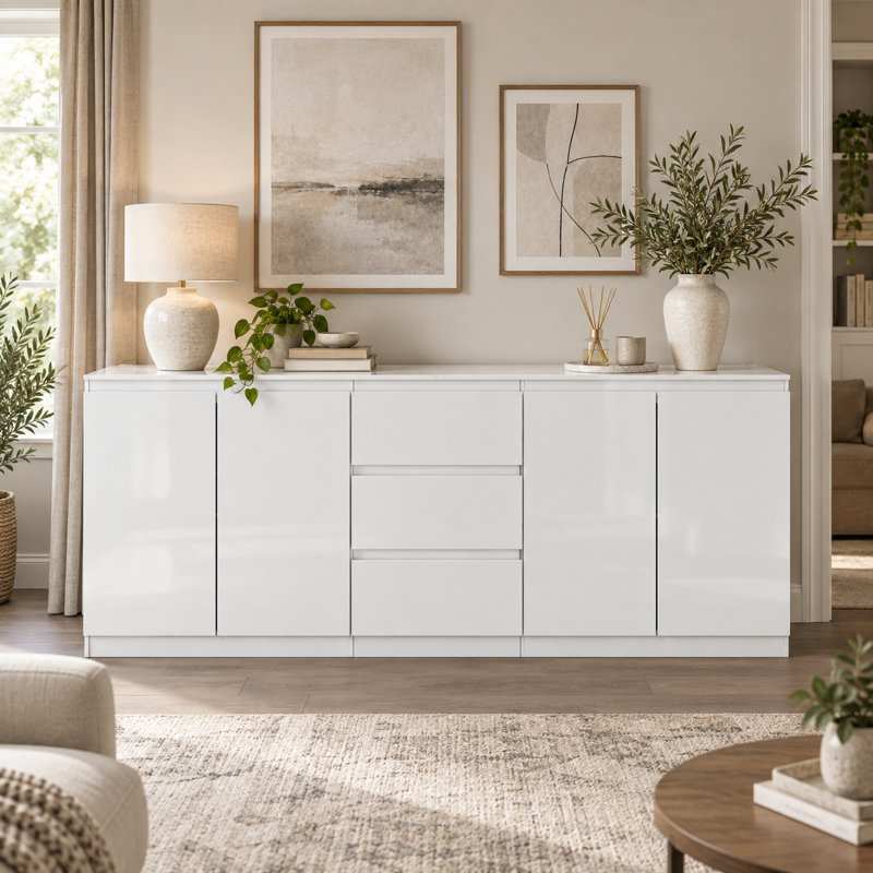 200cm White High Gloss Sideboard with 4 Doors & 3 Drawers - Handleless Wide Storage Cabinet