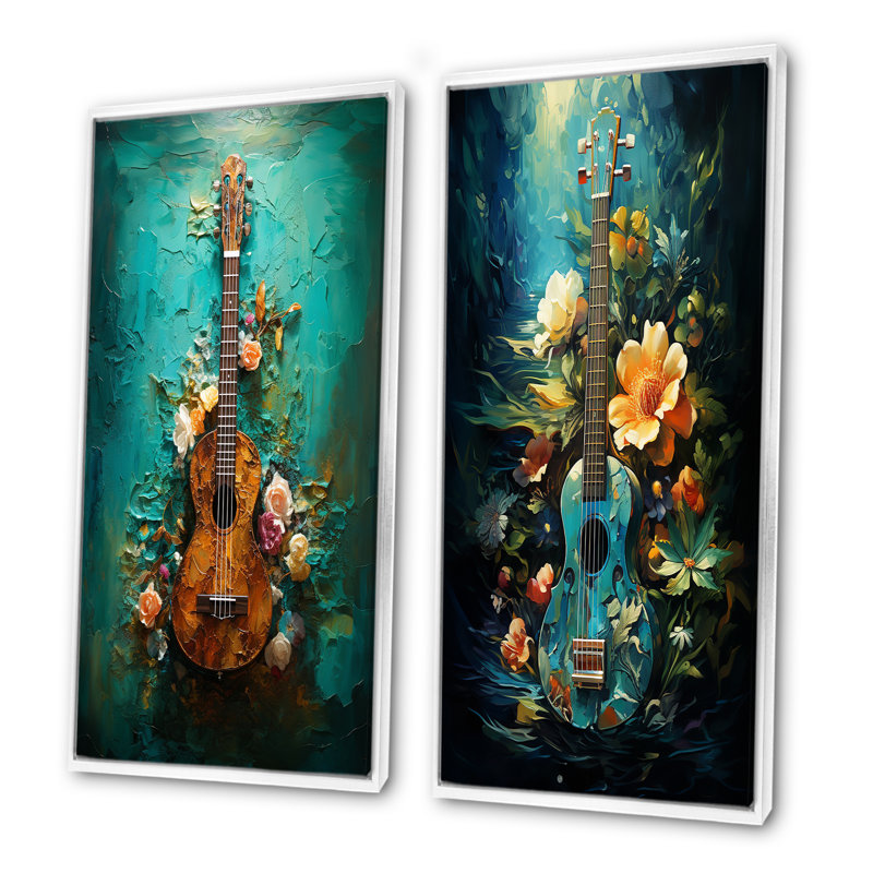 Guitare tropicale, musique euphonique - ensemble de 2 impressions sur toile, Cadre blanc, H 28 po x l 25 po