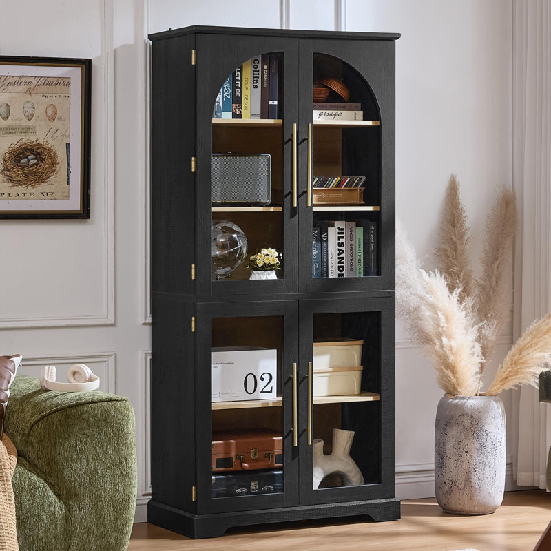 72" Curved Glass Door Bookcase, Black