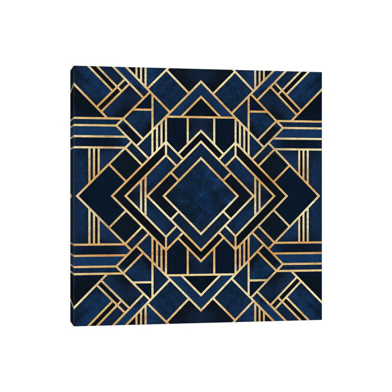 Art Deco III by Elisabeth Fredriksson - Print on Canvas, White Floater Framed, 30.48 cm H x 30.48 cm W, Dark Blue/Gold