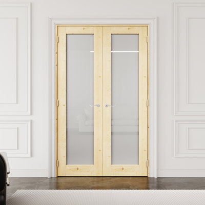 Porte française intérieure en bois de pin et verre givré 1-Lite 36 "x 80" avec quincaillerie argentée et loquet et levier de porte, bois de pin naturel, dalle de porte en verre trempé avec intimité, peint et imperméable, combinaison pour la lessive, portes de placard, portes de pièce, Assemblage requis