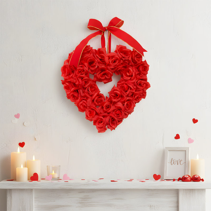 1 couronne de fleurs en forme de cœur rouge faite à la main pour la décoration de mariage, de fête et pour la maison, Rouge