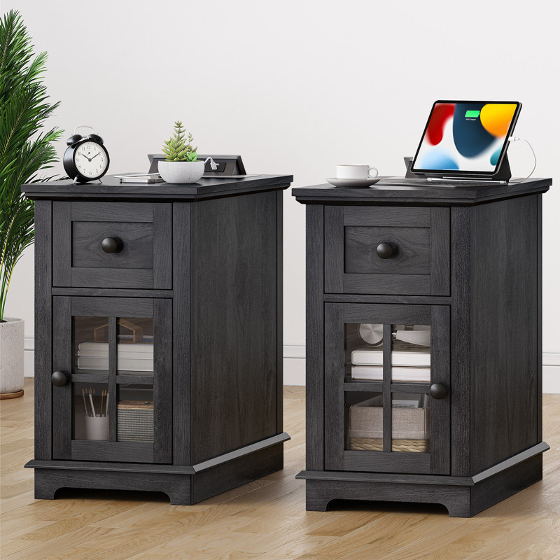 Antrea Tray Top End Table Set with Storage and Built-In Outlets, Black, 2