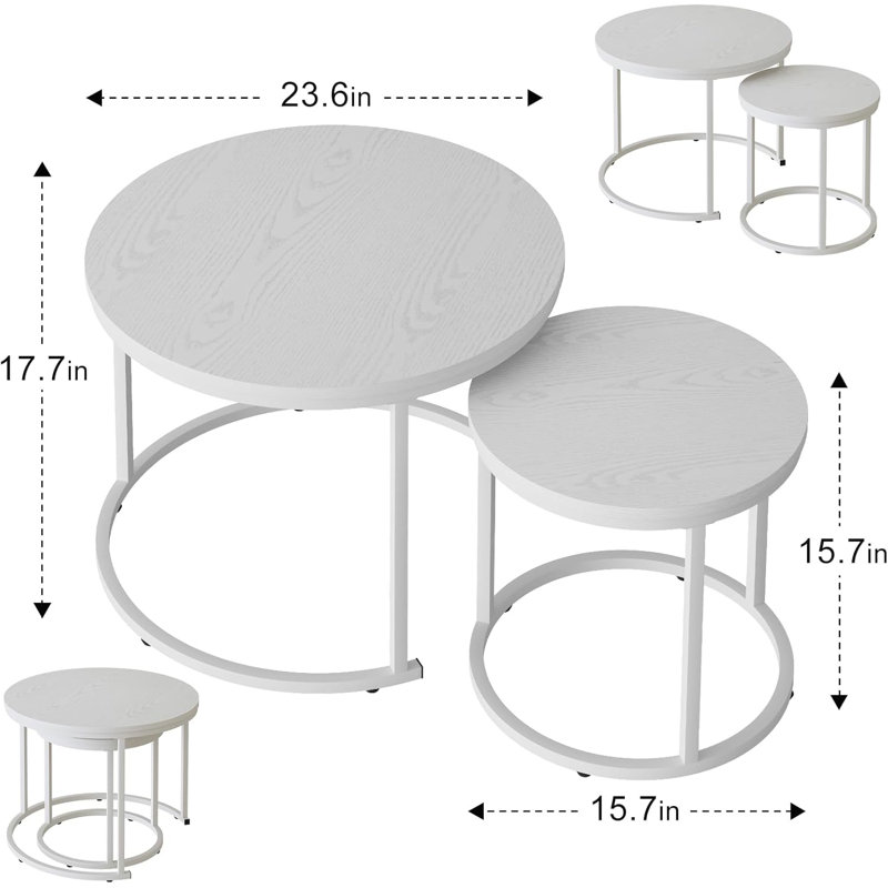 Nesting Coffee Table Round Side Table Set Of 2 End Tables For Living Room Bedroom Balcony,Wooden Stacking Accent Coffee Tables With Metal Frame