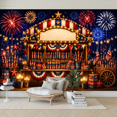 Papier peint adhésif mural autocollant pour feux d'artifice, roquettes patriotiques, amovible, papier contact amovible pour mur de salon H 100 po x l 144 po
