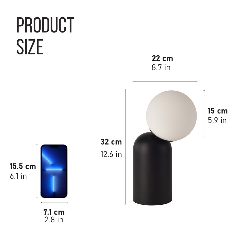 Lampe de table art déco 12,6 "avec base noire et abat-jour en verre de lune