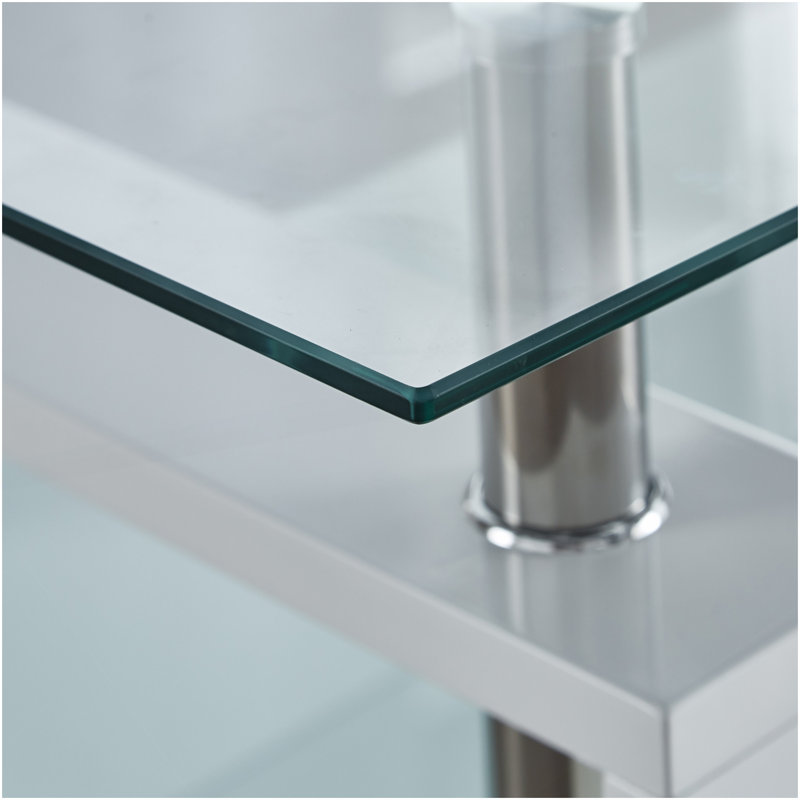Table basse Artisan, plateau en verre trempé, pieds en acier inoxydable pour le salon, blanc, Blanc