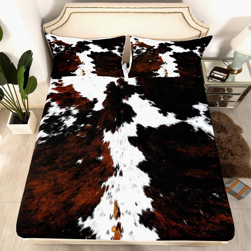 Maroon Cowhide Print Full Size Bedding Set - 3 Piece Cow Pattern Theme Fitted Sheet & Pillowcases, Deep Pocket Home Bedroom Decor.
