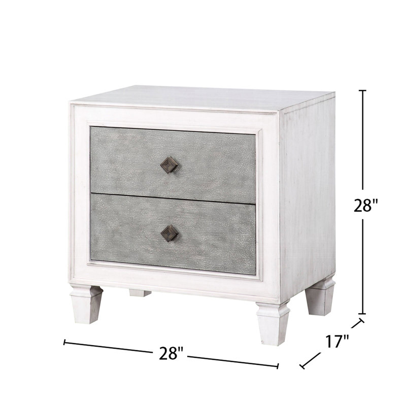 Table de chevet 2 tiroirs rustique gris et blanc vieilli
