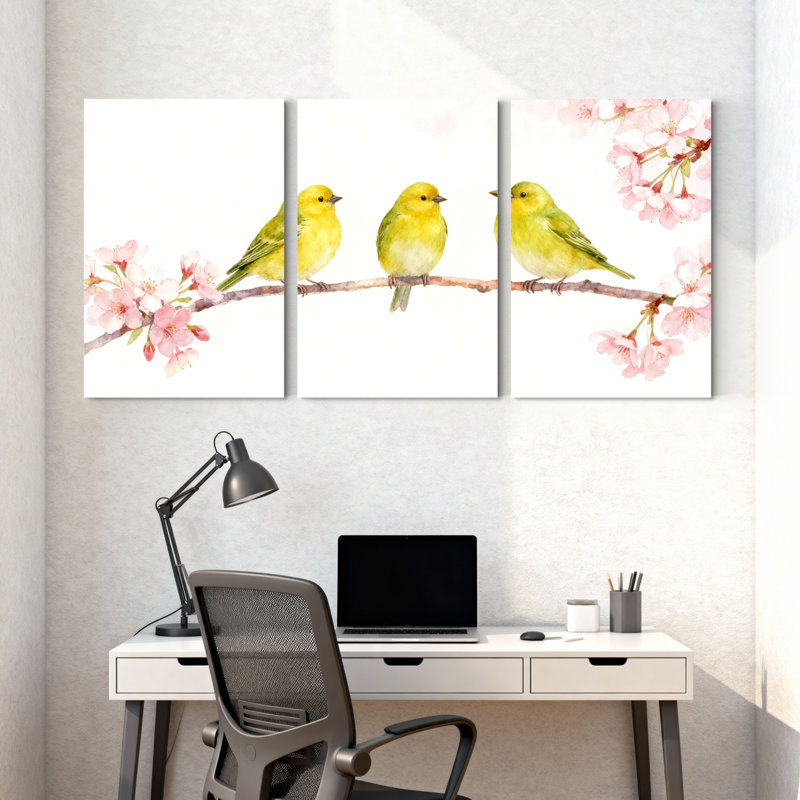 Oiseaux jaunes sur une branche de cerisier en fleurs, ensemble de 3 impressions sur toile, H 30 po x l 60 po