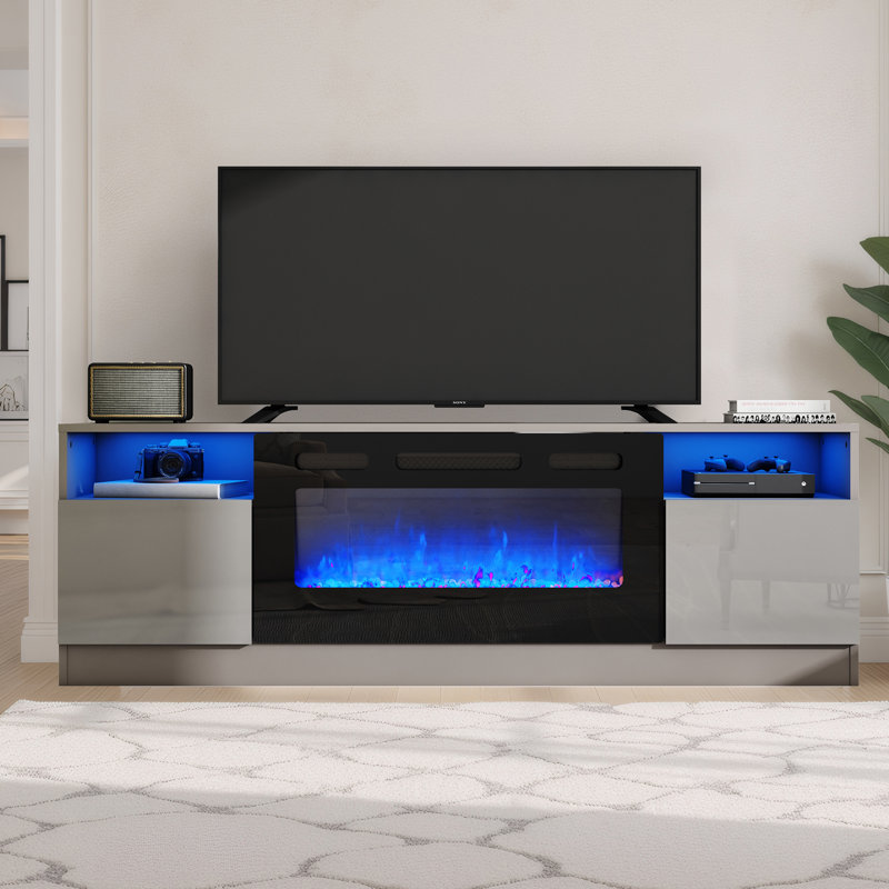 Meuble télé avec foyer électrique Bhhatu, L 70 po, Gris