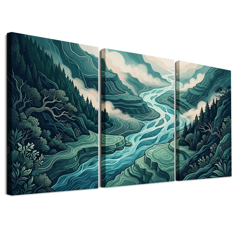 Ensemble de 3 toiles murales représentant une rivière sinueuse turquoise dans un canyon boisé, 30"H x 20"W x 3pcs