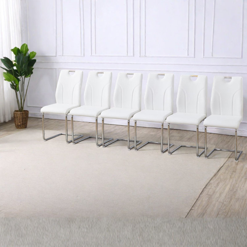 Chaises de salle à manger blanches modernes, revêtement en cuir PU et structure en métal, ensemble de 6 chaises pour cuisine contemporaine