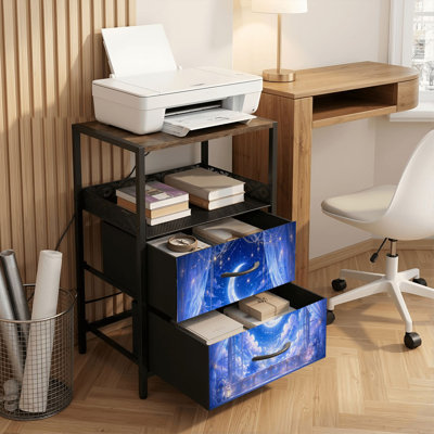 Table de chevet 2 tiroirs avec station de charge, table de chevet pour chambre avec ports USB et amp; Outlets, tablette ouverte noire, table de chevet avec impression de lumières de fée et de nuages