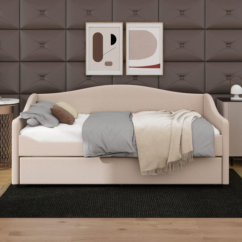 Lit de jour Teddy avec éclairage intégré et tablettes coulissantes, Beige, Lit simple
