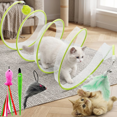Tunnel à ressorts en forme de chat à jouer soi-même, vert, pour chats d'intérieur