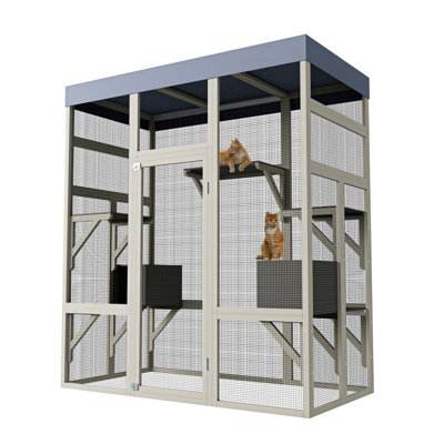 Extra-Large 2-in-1 Walk-In Outdoor Cat Enclosure Catio – Wooden Cat House, Waterproof UV-Resistant Roof, 5 Spacious Platforms, 2 Resting Boxes, Fits Up to 6 Cats, Grey
