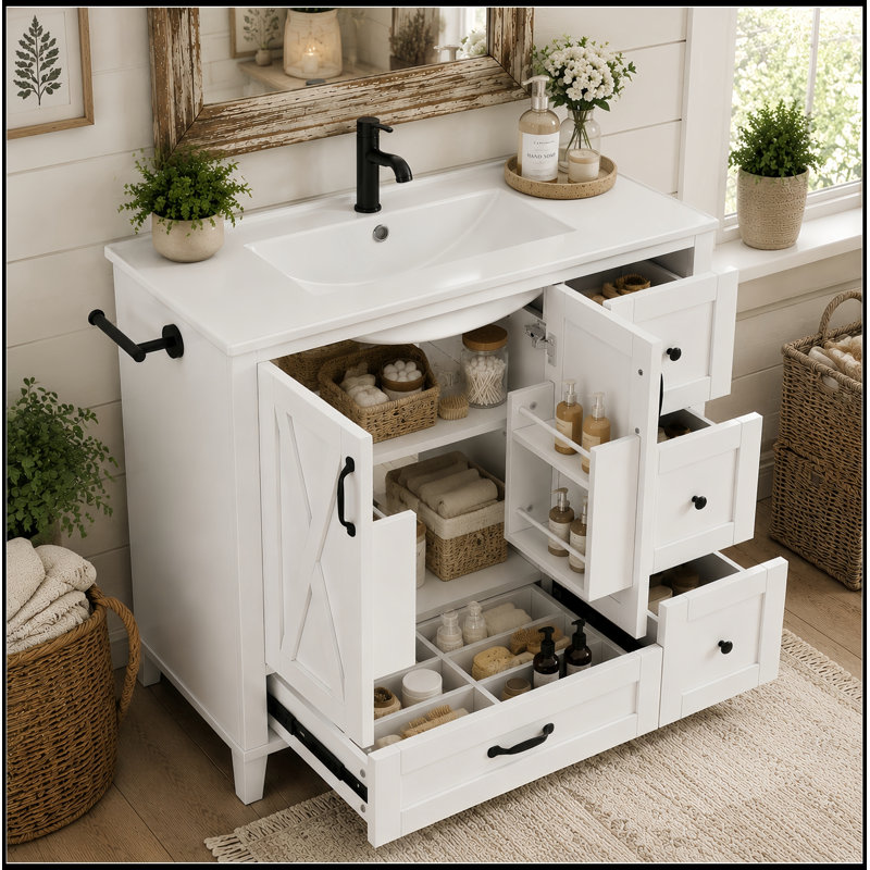 Meuble-lavabo de salle de bain avec lavabo, 4 tiroirs de rangement, tablettes de porte et tablette réglable, White
