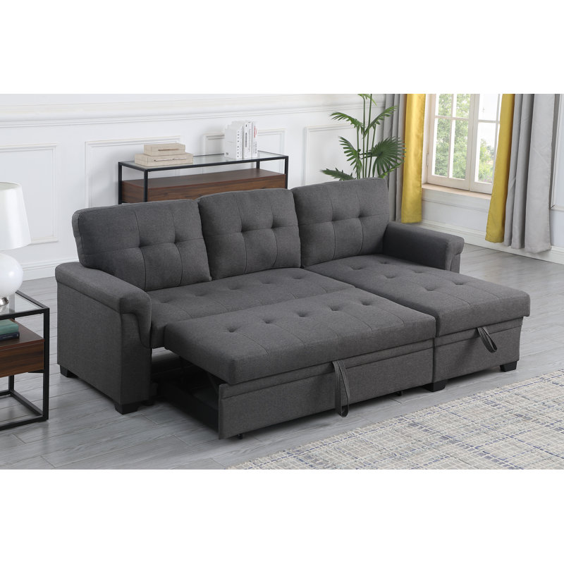 Canapé d'angle convertible, 213 cm (L) x 137 cm (P) x 89 cm (H), lin, 3 pièces, gris foncé, lit gigogne avec méridienne de rangement réversible