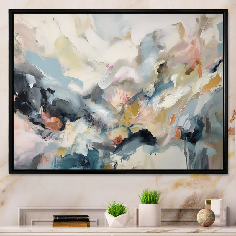 «Grey and Blue Vivid Waves Fuild I», art mural abstrait, H 24 po x l 32 po x P 1 po, Cadre flottant noir