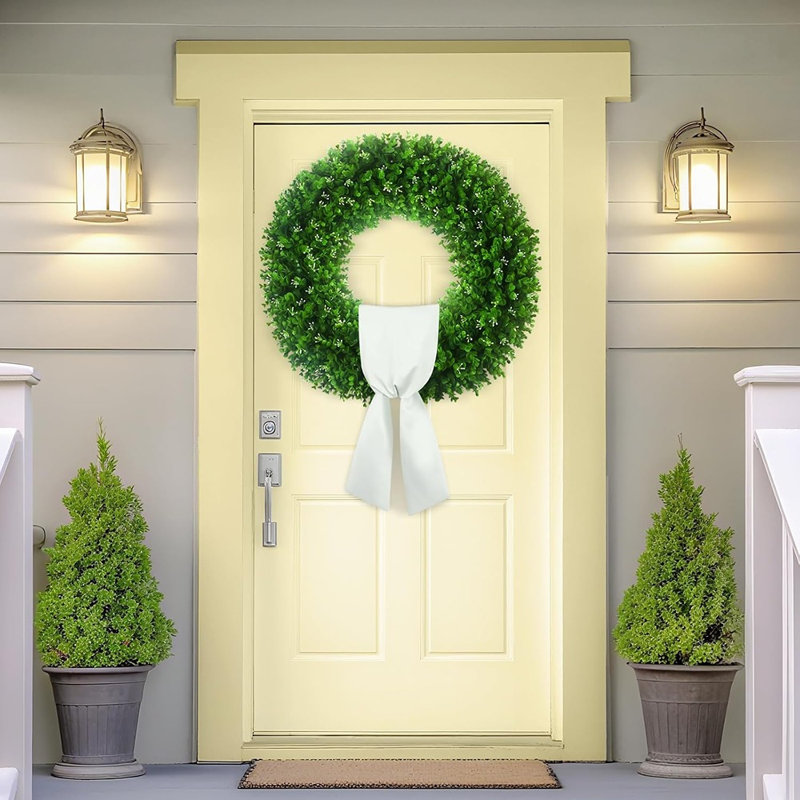 Grande couronne de buis artificielle 32 po - verdure résistante aux rayons UV avec 310 feuilles et 140 boutons floraux, porte à ressort pliable, fenêtre et décoration murale