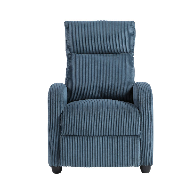 Modern Push Back Recliner Chair Bue Soft Corduroy Upholstery Comfort Solid Wood Living Room Furniture 1Pc, Blue