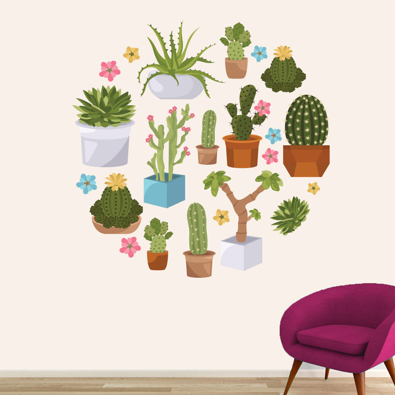 Décalcomanie murale plantes grassess et cactus imprimés, H 48 po x l 48 po