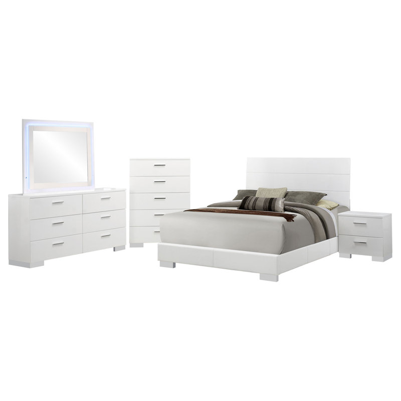 Cayser Bedroom Set White High Gloss, 5 Pcs: Bed, Nightstand, 2 Dressers, Mirror, King