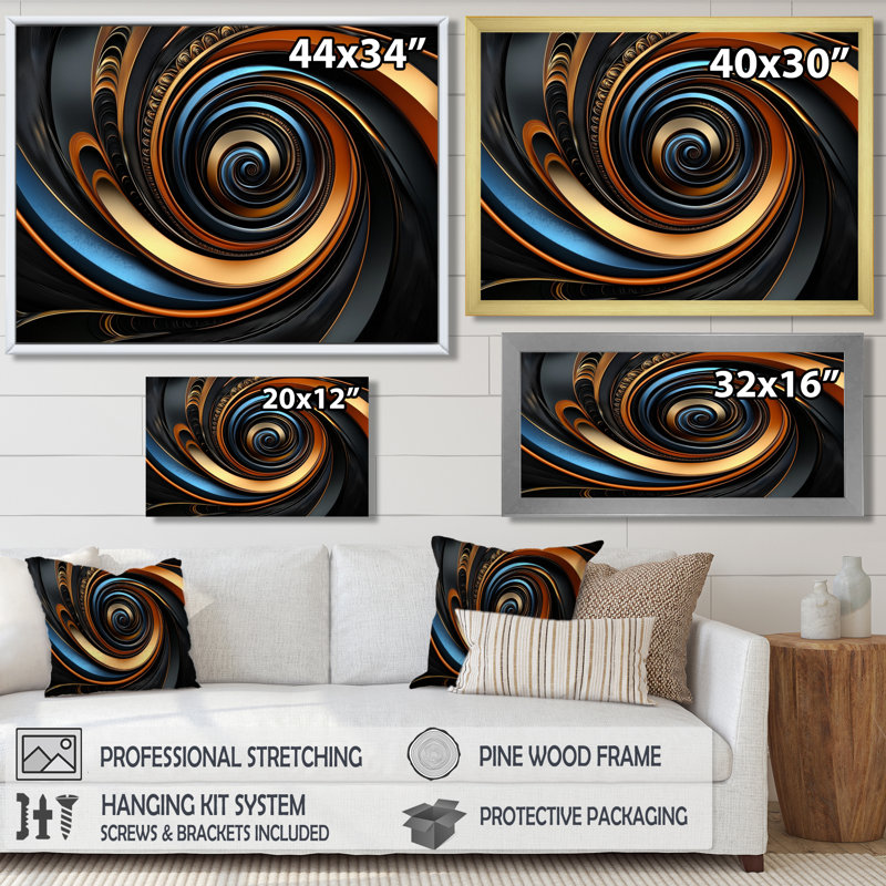 Golden Fractal Celestial Spiral Balance I - Abstract Fractal Wall Art Living Room, Toile tendue, H 16 po x l 32 po