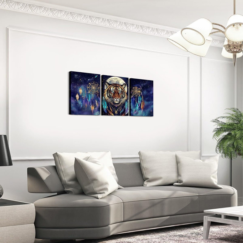 Wildlife Tiger Canvas Wall Art Set of 3,Tribal Boho Dream Catcher Pictures Wall Decor for Home Bedroom Living Room,Galaxy and Moon Poster Prints for Wall Decorations