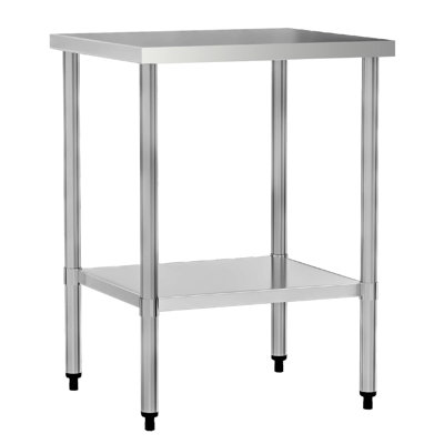 Table de travail commerciale en acier inoxydable de 61 cm (24 po) de large, idéale pour les cuisines de cafés exiguës. Pieds galvanisés, surface hygiénique, tablette inférieure avec rangement pour fournitures et accessoires. Robuste et durable.
