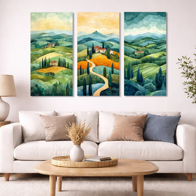 «Summer Tuscan Sunrise Landscape in Italy - Green Landscape», reproduction de toile 3 pièces