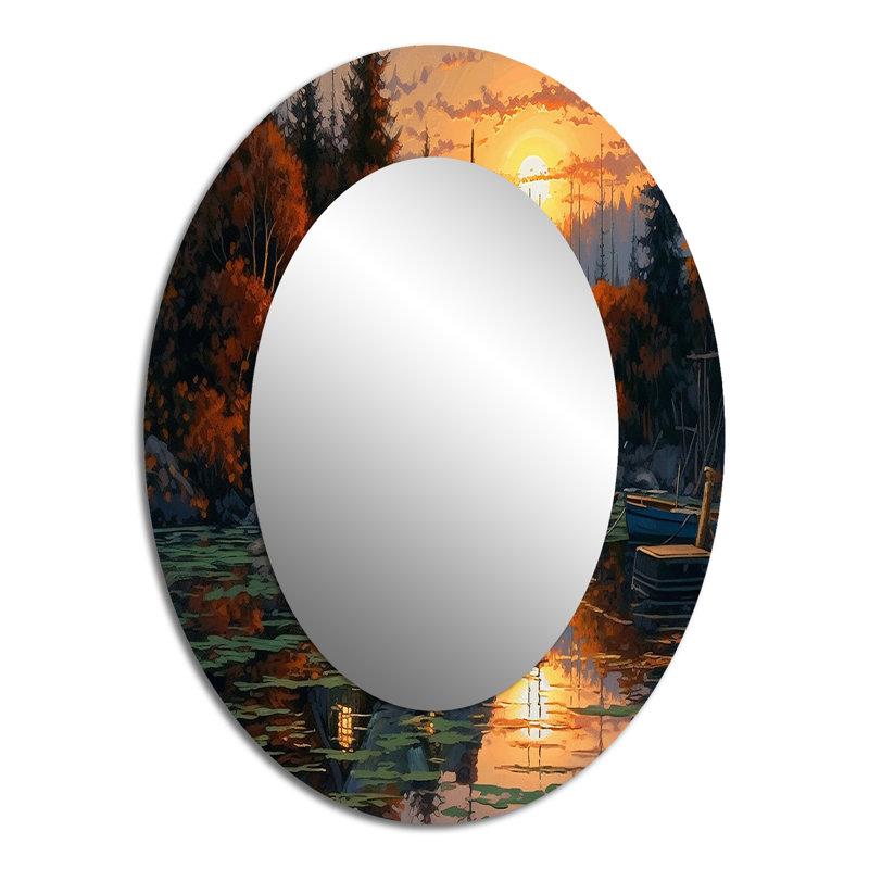 Autumn Sunset Cottage I - Landscapes Oval Decorative Mirror On Metal, 40" x 30"